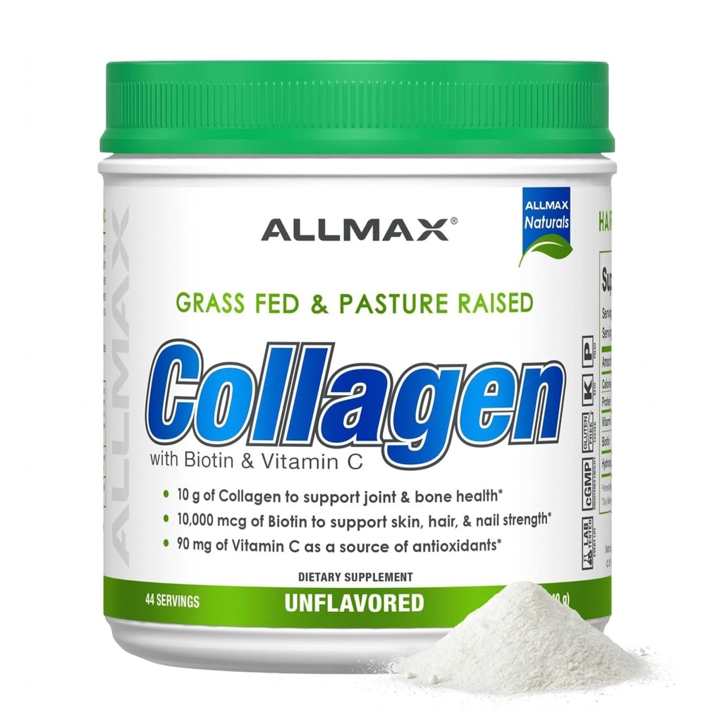 ALLMAX Nutrition Grass Fed " Pasture Raised Collagen with 10,000 mcg Biotina + 90 mg Vitamina C, Desflavorado, 15,5 oz (440 g)