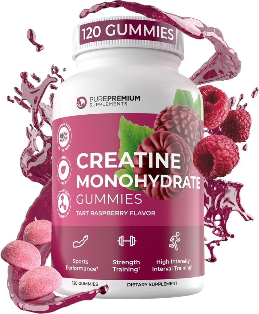 Suplementos PurePremium Creatine para Hombres/Mujeres - Non-GMO Cretina Monohydrate Gummies 5g para fuerza, soporte de resistencia, recuperación muscular - 120 Gummies