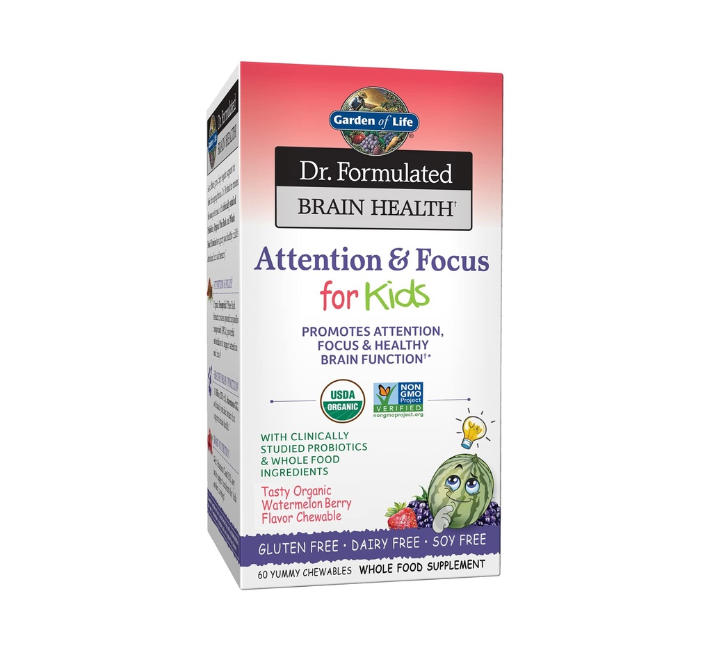 Jardín de la vida Dr. Fórmula atención y enfoque para niños, suplemento promueve la función cerebral saludable, la concentración con arándanos silvestres orgánicos, corteza de pino, vitamina C, D y probióticos, 60 cuenta