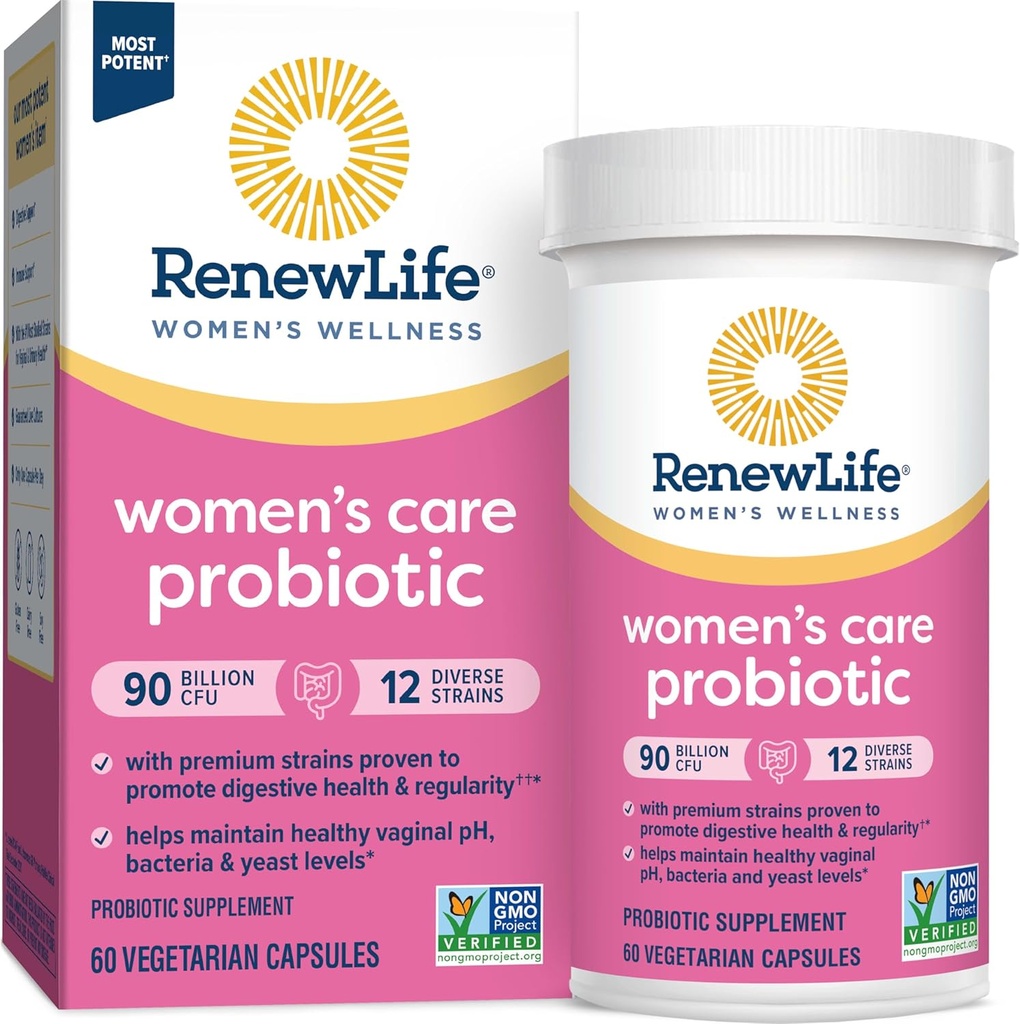 Renovar las cápsulas probióticas de las mujeres de la vida, apoya el equilibrio de pH para las mujeres, vaginal, urinaria, digestiva e inmunitaria, L. Rhamnosus GG, lácteo, soy y libre de gluten, 90 millones de UC - 60 Ct