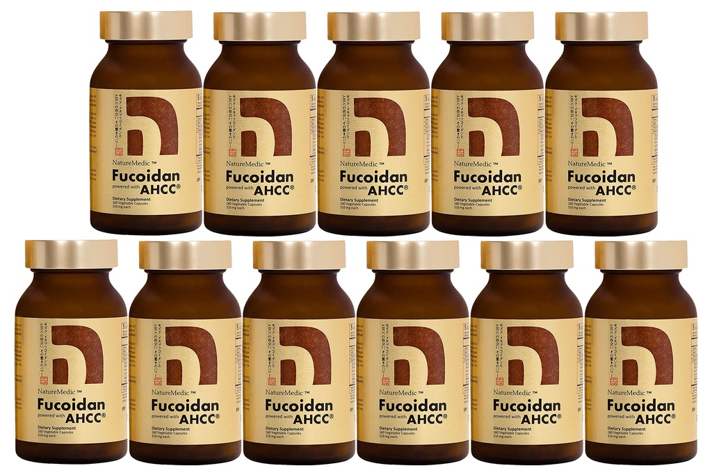 Fucoidan alimentado con AHCC® Brown Seaweed Immunity Supplement with High Purity Organic Mekabu Mozuku Agaricus 10 Bottles + Gratis 1 Botella - 1760 Vegetable Capsules Made in Japan
