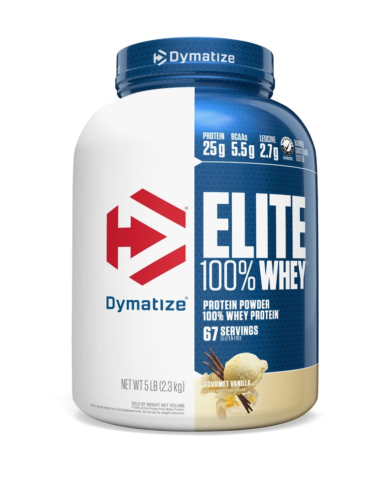 Dymatize Elite 100% Whey Protein Powder, Vainilla, 25g de Proteína, 5.5g BCAAs, Menos Than 140 Cal., Gluten Free, 2g Carb, 2g Sugar, 3g Fat (67 Servings)