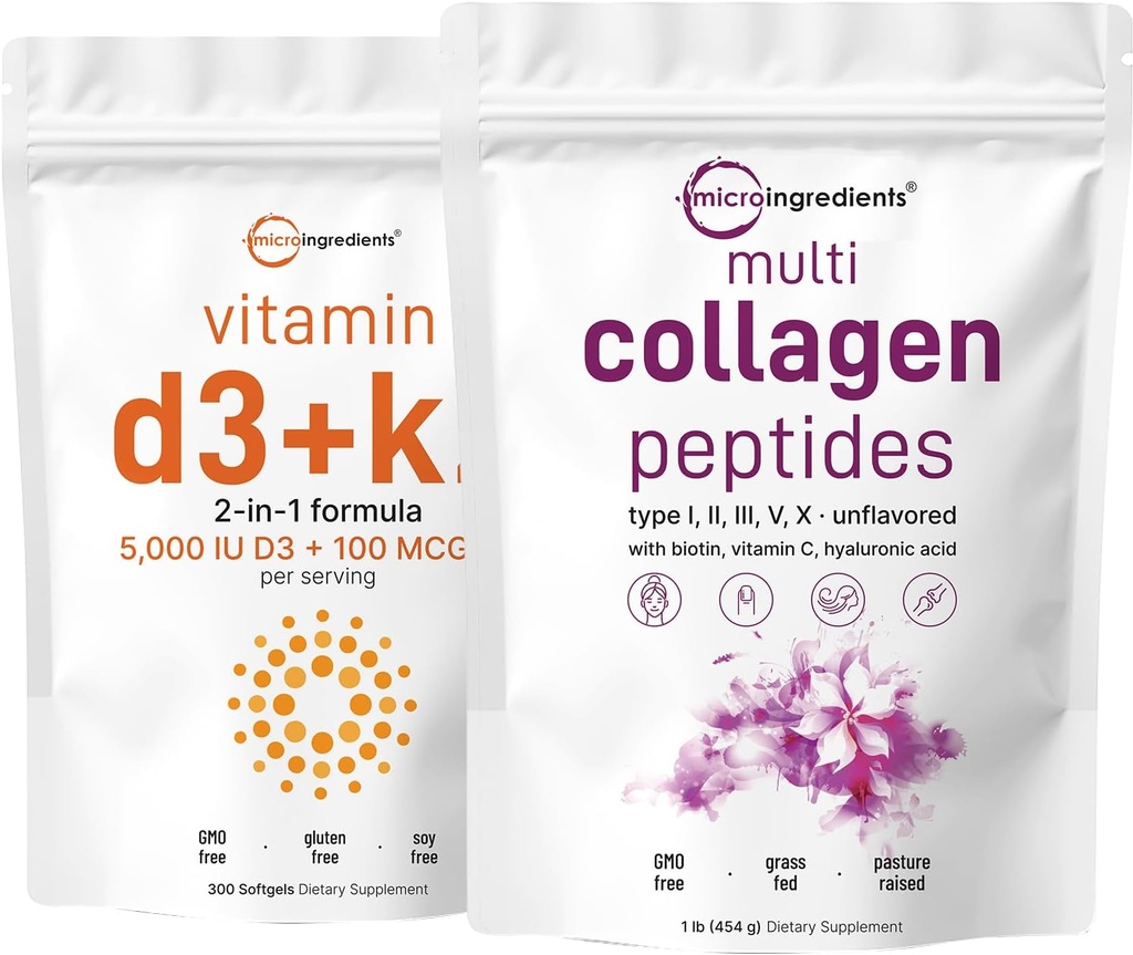 Micro Ingredientes Multi Collagen Protein Powder 16oz & Vitamina D3 5,000iu + K2 100mcg Softgels Bundle 2 Pack ← Peptides de colágeno de gran tamaño