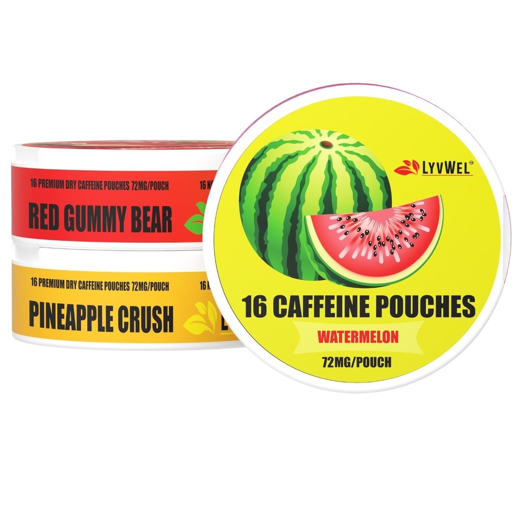 LivWel 72mg Caffeine Energy Pouches – Watermelon, Red Gummy Bear, Pineapple Crush – Juicy Clean Energy with Guarana – 3-Pack (48 Total Pouches)