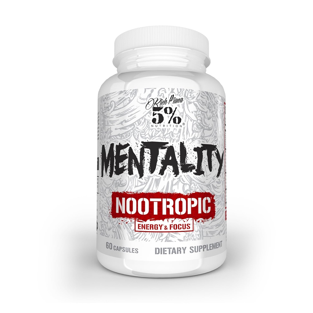 5% Nutrición Rich Piana Mentality Nootropic Blend ← Brain Booster Suplemento para el Rendimiento, Memoria, Claridad Mental TEN Ginseng, Ginkgo, L-Theanine, Choline, Huperzine, 60 cápsulas (30 Day Supply)