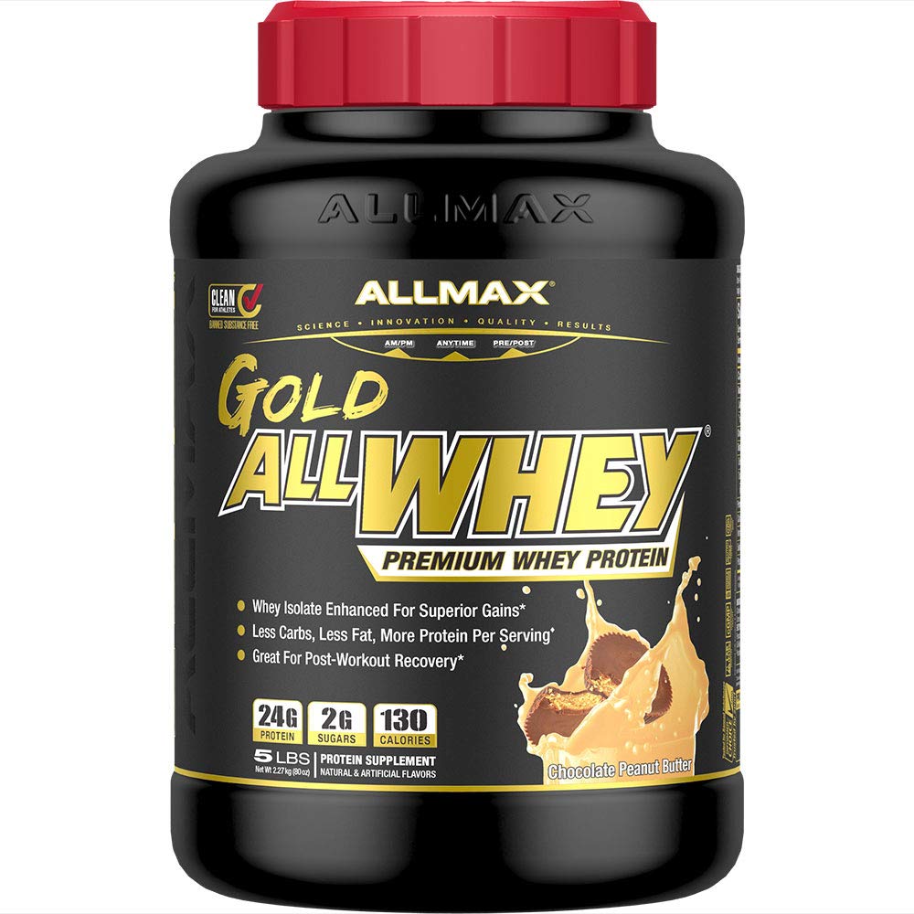 ALLMAX Gold ALLWHEY, Chocolate Peanut Butter - 5 lb - 24 Gramos de Protein Por Scoop - Gluten Free, Low Carb & Low Sugar - Aprox. 71 Servimientos