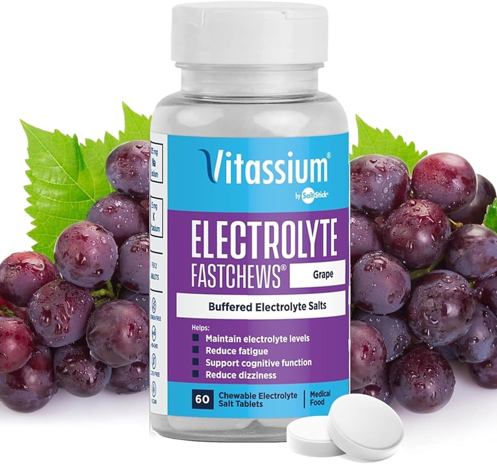 Vitassium FastChews, Tablas de electrolitos para la gestión de POTS y dietas altas de sodio, Tablas de sodio rápidas, sabor de uva, 60 condes