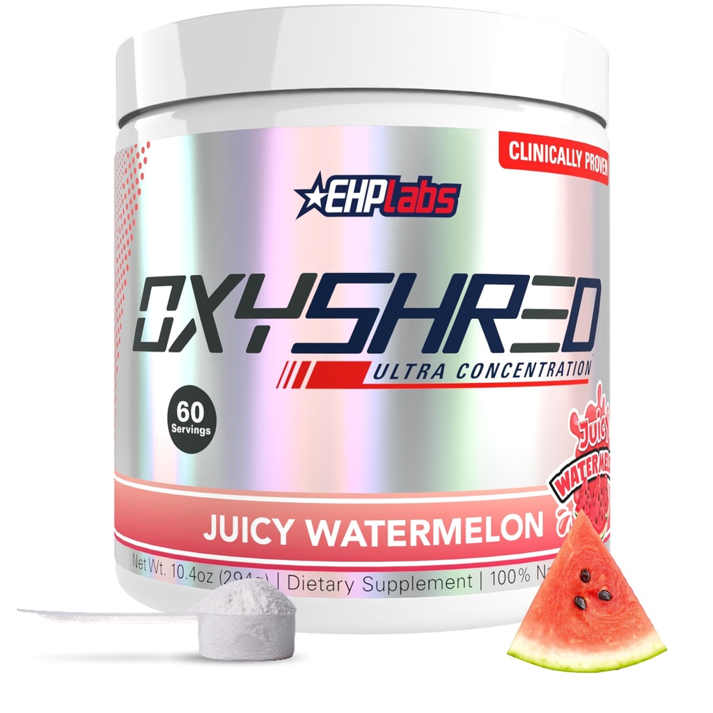 EHP Labs OxyShred Pre Workout Powder - Preworkout Powder con L Glutamine &amp; Acetyl L Carnitine, Energy Boost Drink - Juicy Watermelon, 60 Servings
