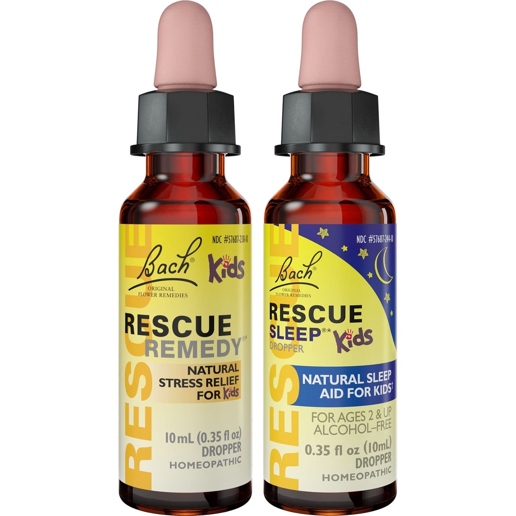Kids Day &amp; Night Bundle, Bach RESCUE Remedy Kids Dropper [y] RESCUE Sleep Kids Dropper- 2-Pk, Stress Relief & Sleep Support with Natural Flower Essences, Homeopathic, Non-Alcohol Formula, 10mL Ea
