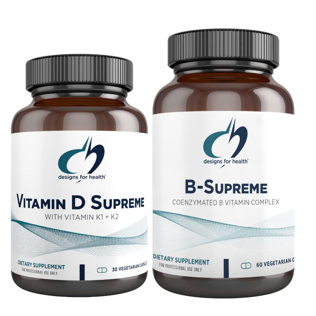 Diseños para la salud Vitamina D Supreme + B-Supreme Essentials Duo - 5000 IU Vitamina D3 + Vitamina K, Complejo Activo B (2 Juego de Producto)