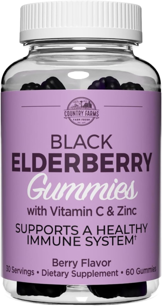 Las granjas de campo Elderberry Gummies con vitamina C y Zinc, apoya el sistema de inmunológico saludable, rico en antioxidantes, triple acción Immune Blend, Berry Flavor, 60 Gummies, 30 Servimientos