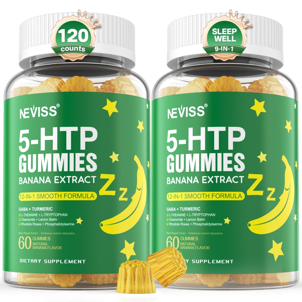 5-HTP Gummies + GABA - Melatonin Gratis - Relajación Gummies with Banana Extract, L-Theanine,L-Tryptophan, Vitamina D3 para Ciclo de Descanso Saludable &amp; Circadian Rhythm, Brain Function &amp; Muscle Relax, Pack de 2
