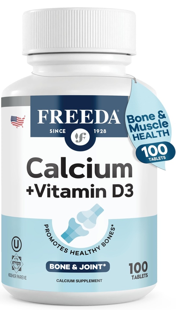 FREEDA Calcium 600 mg con vitamina D3 400 UI – Suplemento de soporte de bonificación esencial – Kosher, libre de gluten, tabletas de coado fácil de cambiar para hombres de mujeres (100 Ct)