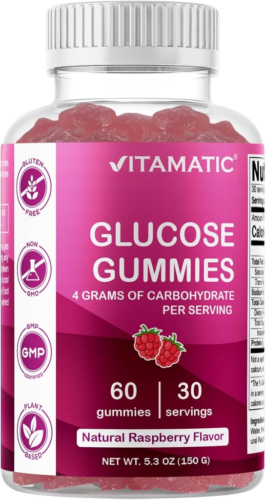 Vitamatic Glucose chewable Gummies - 60 Conde - Natural Raspberry Flavor - 4G de Carbohidrato por Serving (1 Bottle)