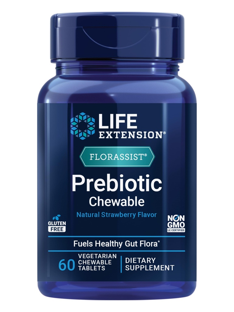 Extensión de vida FLORASSIST® Prebiotic Chewable (Strawberry), 1000 mg xylooligosaccharides, suplemento prebiótico Provee combustible para Gut Flora, libre de gluten, no GMO, Vegetariano, 60 tabletas masticables