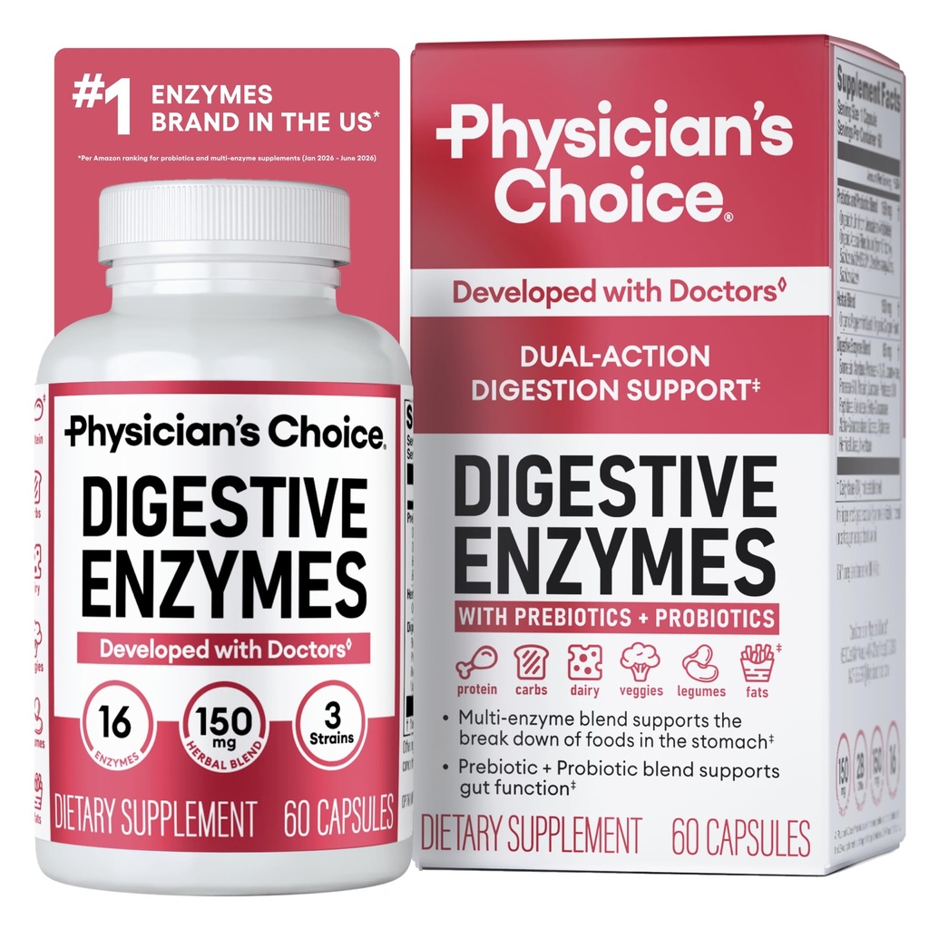 Enzimas digestivas de Physician para Bloating " Digestion - 16 Enzimas con prebióticos orgánicos " Probióticos para Gut " Salud digestiva - Tiempo de comida Alivio de la molestia - Soporte de doble acción - 60 TC
