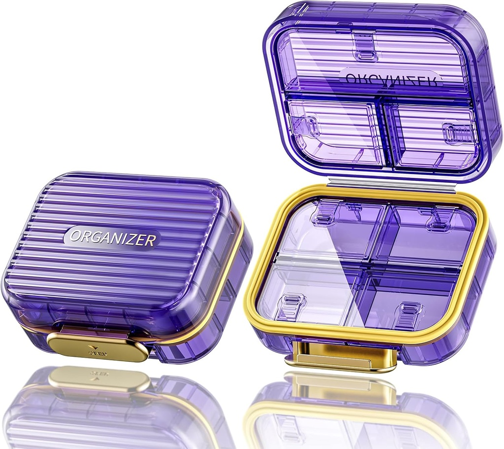 Caja pequeña de pill Acedada, Organizador de píldoras de viaje, Caja compacta de 7 piezas de pill resistente a la humedad para el púrpura, Contenedor diario Chic, Medicina Portátil &amp; Vitamin Holder para aceite de pescado &amp; Suplementos, púrpura