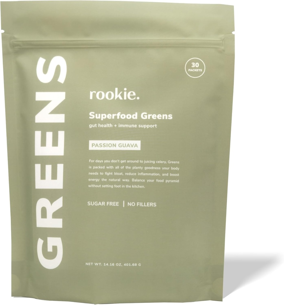 Rookie Wellness Greens + Superfoods - Greens Superfoods Powder Drink Made with Whole Food Sourced Ingredients Contiene Vitaminas, Probióticos, Antioxidantes y Baobab Fiber (30 Servimientos, Pasión Guava)