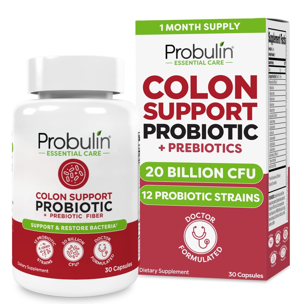 Probulin Colon Support Probiotic Supplement, Daily Gut, Digestive, and Immune Health Probiotics Capsules for Men and Women, 20 Billion CFU, Vegan, 30 Count Bottle