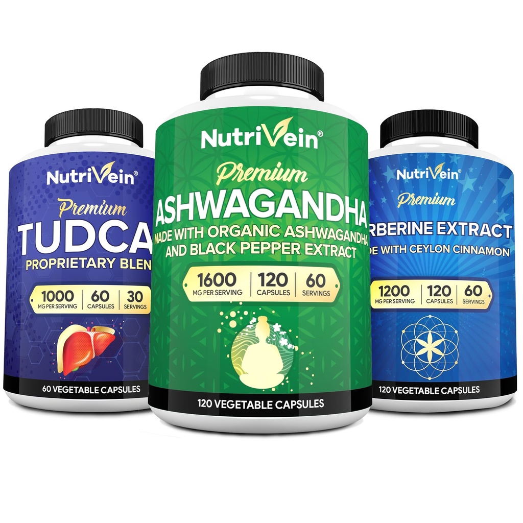 Nutrivein Premium TUDCA, Suplementos de Berberina y Suplementos de Ashwagandha Bundle: Complejo de Berberina de alta absorción, Ashwagandha Root Extract, TUDCA para Detox, Vitality &amp; Well-Being
