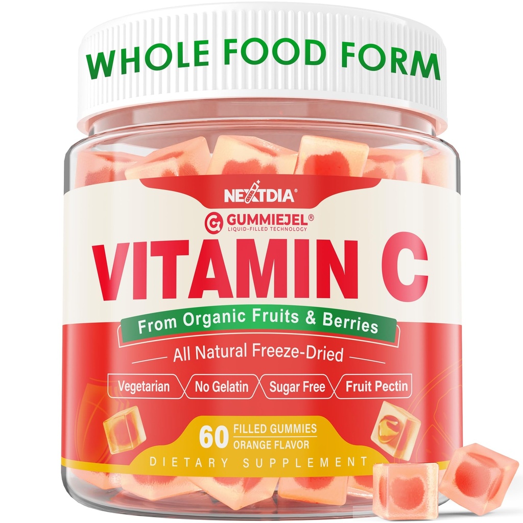Vitamina Orgánica C Gummies 120mg para Adultos, Azúcar Gratis, Defensa Inmunitaria diaria, Antioxidante crudo, 100% Alimento integral Vitamina C Suplemento de 1200mg Berries & Fruits for Collagen, Vegan, 60 Condes