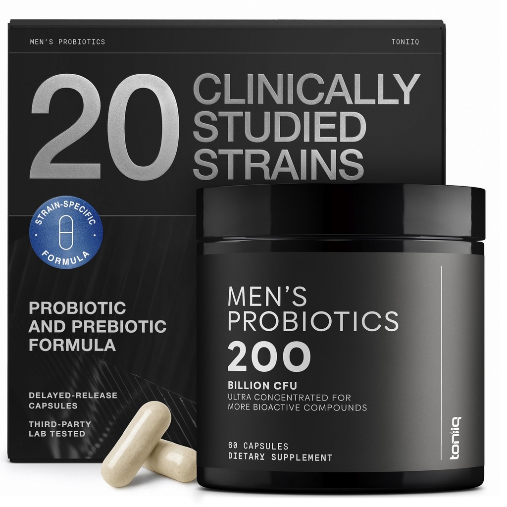 Toniiq Mens Probiótico con 20 Strains Verificados – 200 Bilion CFU + 200 mg FOS Prebiótico – Mens Probióticos para Gut Health - Cold-Chain & Release-Lab-Tested Synbiotic Formula