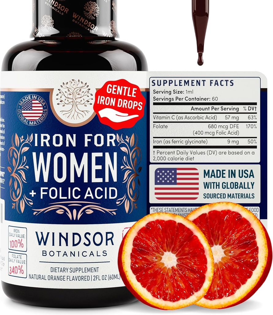 WINDSOR BOTANICALS Suplementos de hierro líquido para la anemia - ácido fólico, vitamina C, constructor de sangre vegano y suplemento de anemia - 2 oz de sabor naranja gotas de hierro suave para mujeres