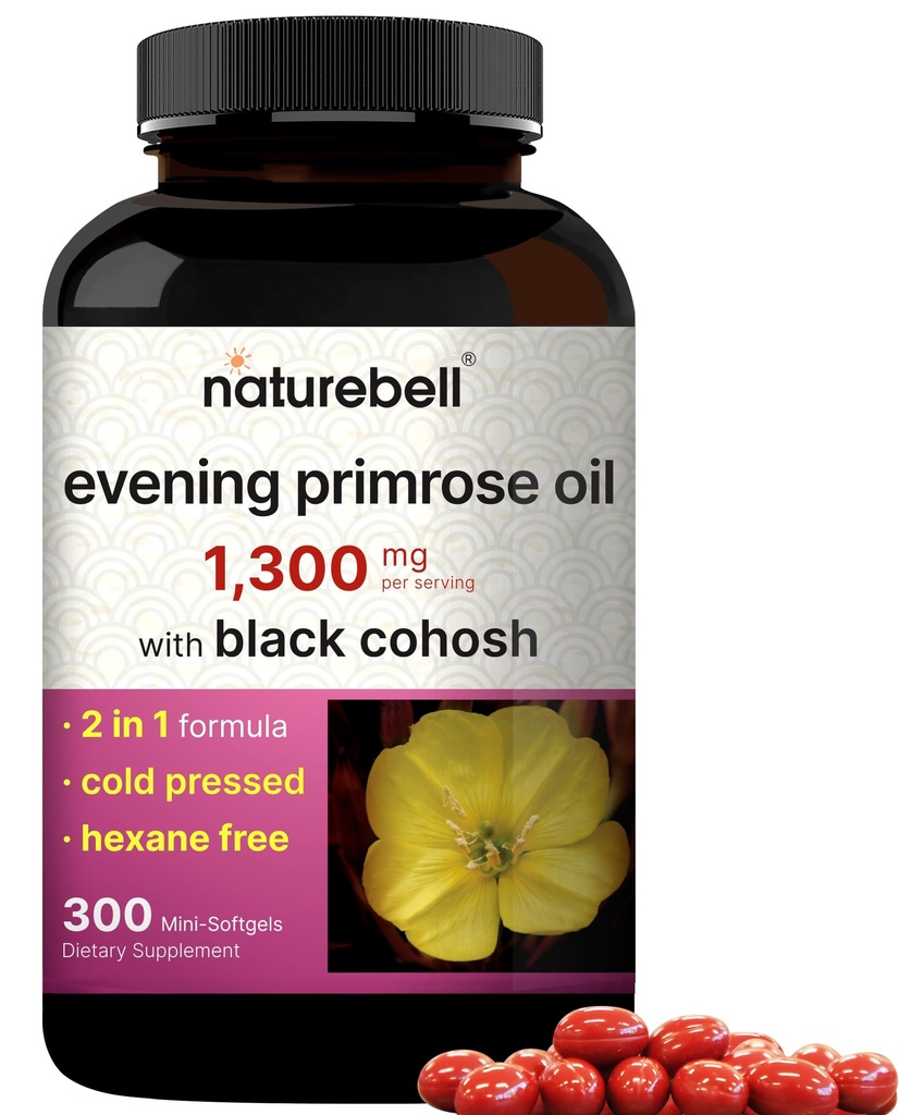 NatureBell Evening Primrose Oil with Black Cohosh, 1,300mg Por Serving, 300 Mini-Softgels ← Cold Pressed Seeds, Retains 130mg GLA for Womens Health & Skin Care Support – Hexane Free, Non-GMO