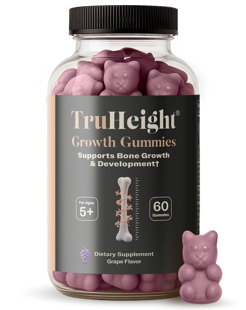 TruHeight Growth Gummies (Grape) Natural Growth &amp; Development Supplement for Kids & Teens - Vitamina D, K, Calcio &amp; Ashwagandha - Bone Strength Vitamins D3 K2 - Picky Eater Vitamin for Kids - Ages 5+