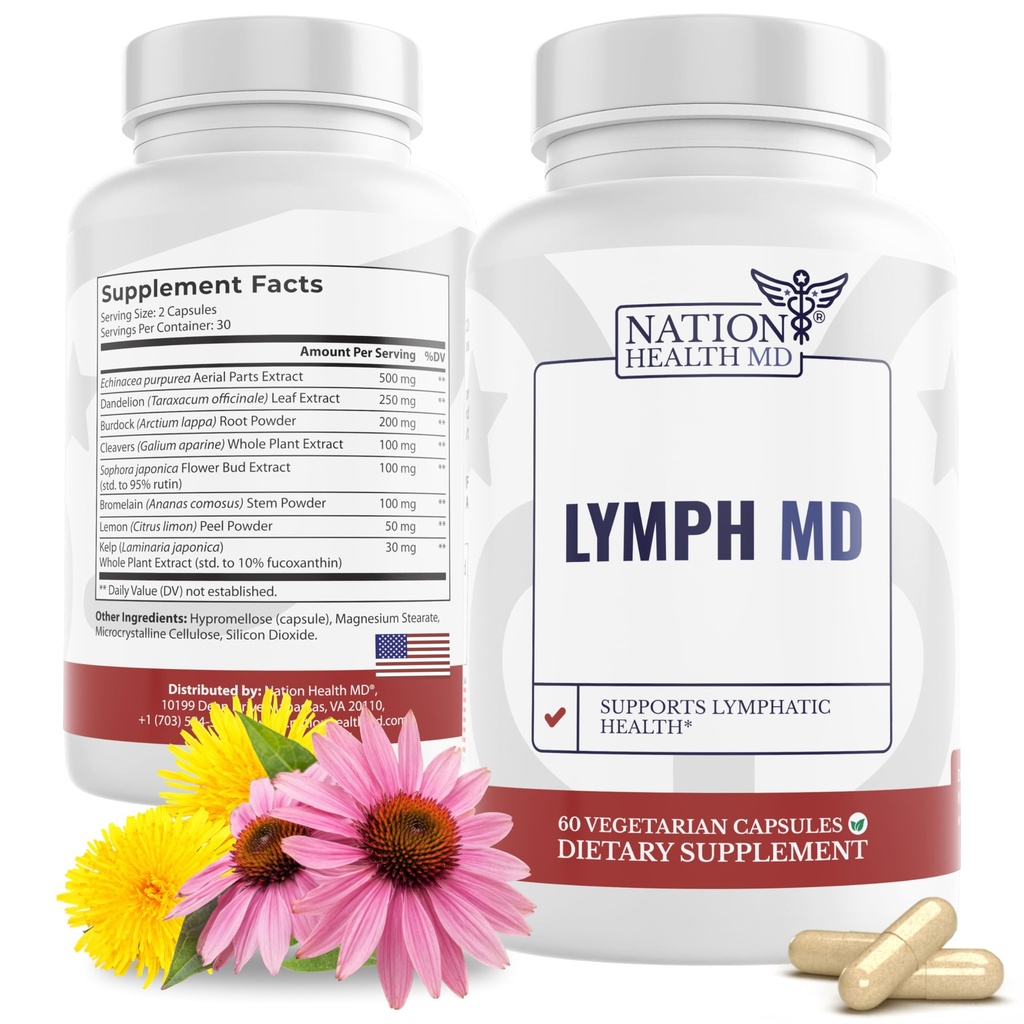 Lymph MD - Lymphatic Drainage Supplement - with Bromelain, Echinacea, Burdock Root, Dandelion, Rutin, Kelp &amp; More - Lymph System Support for Women &amp; Hombre - 60 cápsulas