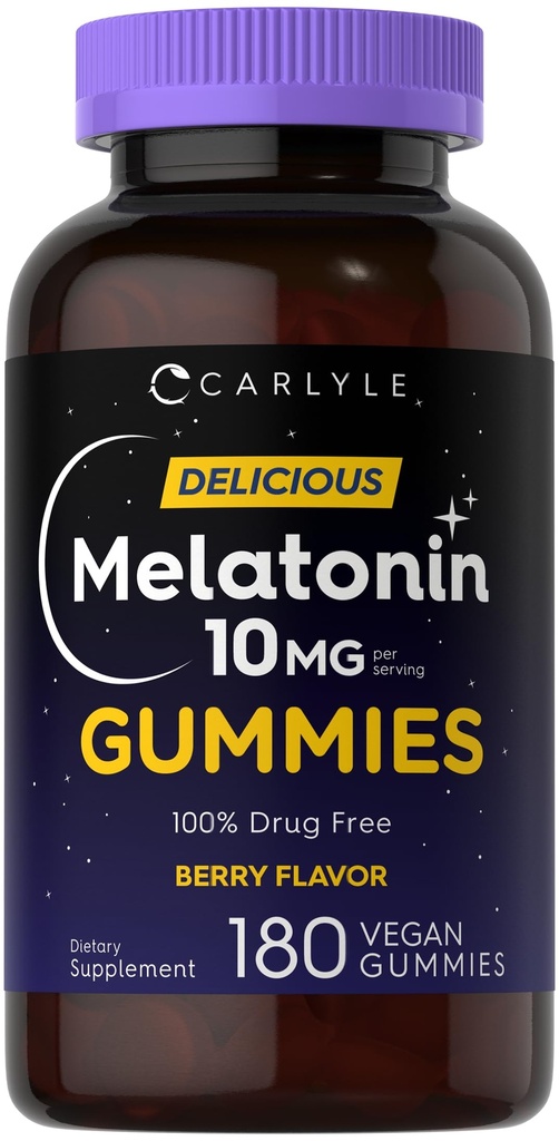 Carlyle Melatonin Gummies 10mg Silencio 180 Cuenta ← Adult Drug Free Aid ¦ Berry Flavor ← Vegan, Non-GMO, Gluten Free Supplement