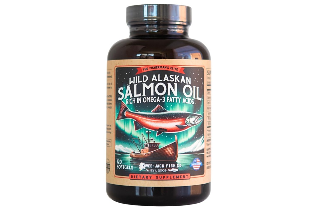 Wild Alaskan Salmon Fish Oil Omega 3 Suplemento para los seres humanos TENIDO EPA y DHA TENIDO Kwee-Jack Fish Co. TEN 120 Softgels 1000mg Salmon Oil