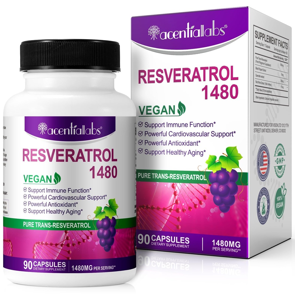 100% Natural Resveratrol - 1480mg Por Serving, 90 Veggie Capsules, 99% Puro Trans-Resveratrol, Antioxidante para el envejecimiento saludable, Cerebro &amp; Corazón