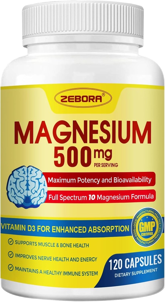 Suplemento Complejo de Magnesio 10-in-1, Magnesium Glycinate 500mg con Citrato & Malate, Chelated High Absorption Plus Vitamin D3 & Zinc - para Nerve, Muscle & Bone Support - 120 cápsulas