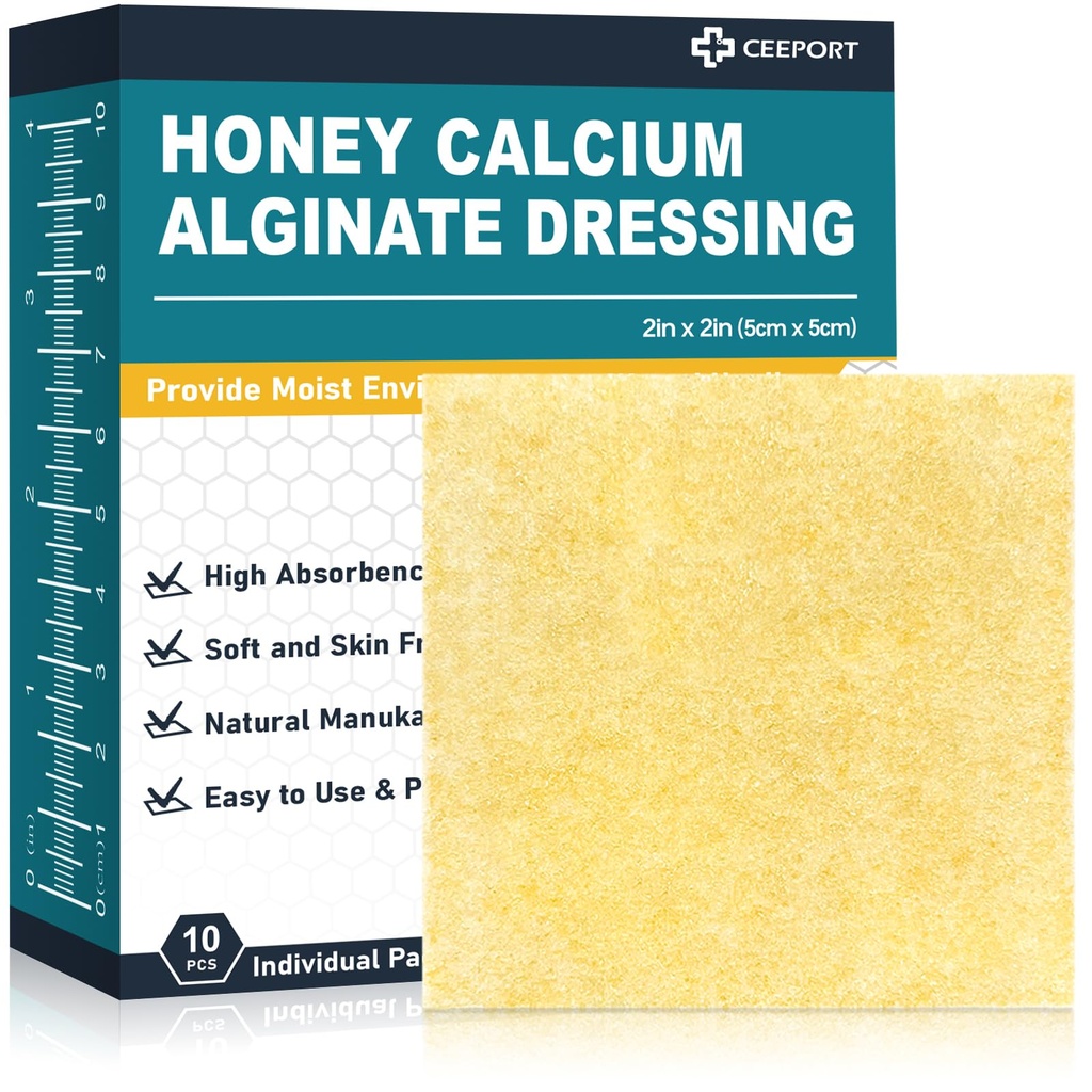 Ceeport Manuka Honey Calcium Alginate Wound Dressing, 2"x 2" High Absorbency Honey Wound Dressing with Calcium Alginate, Medical Grade Manuka Honey Wound Care Bandages Patches for Wounds(Pack of 10) | High Absorbency Honey Wound Dressing with Calcium Alginate, Medical Grade Manuka Honey Wound Care Bandages Patches for Wounds