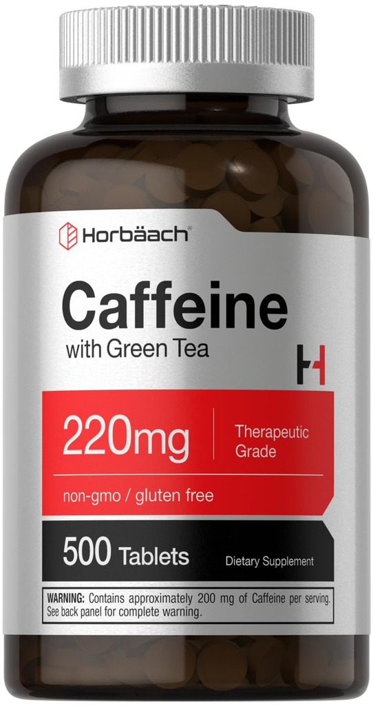 Horbäach Caffeine Pills 220mg con Green Tea tención 500 Tablets ← Vegetarian, Non-GMO & Gluten Free