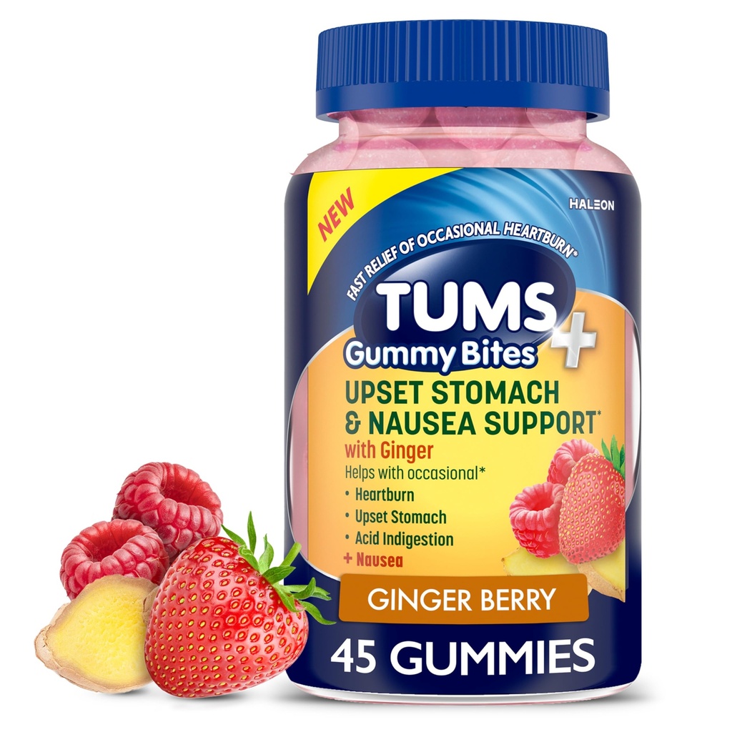 TUMS Plus Upset Stomach &amp; Nausea Support, Dietary Supplement, Ginger Berry - 45 Count