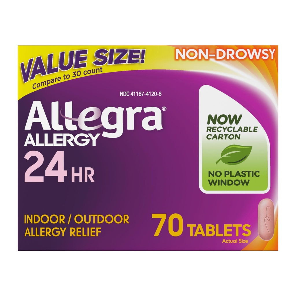 Allegra Adulto 24-Hour Alergy Relief Tablets, No-Drowsy Indoor and Outdoor Alergy Medicine, 180 mg Fexofenadine HCI Antihistamine Pill, 70-Count