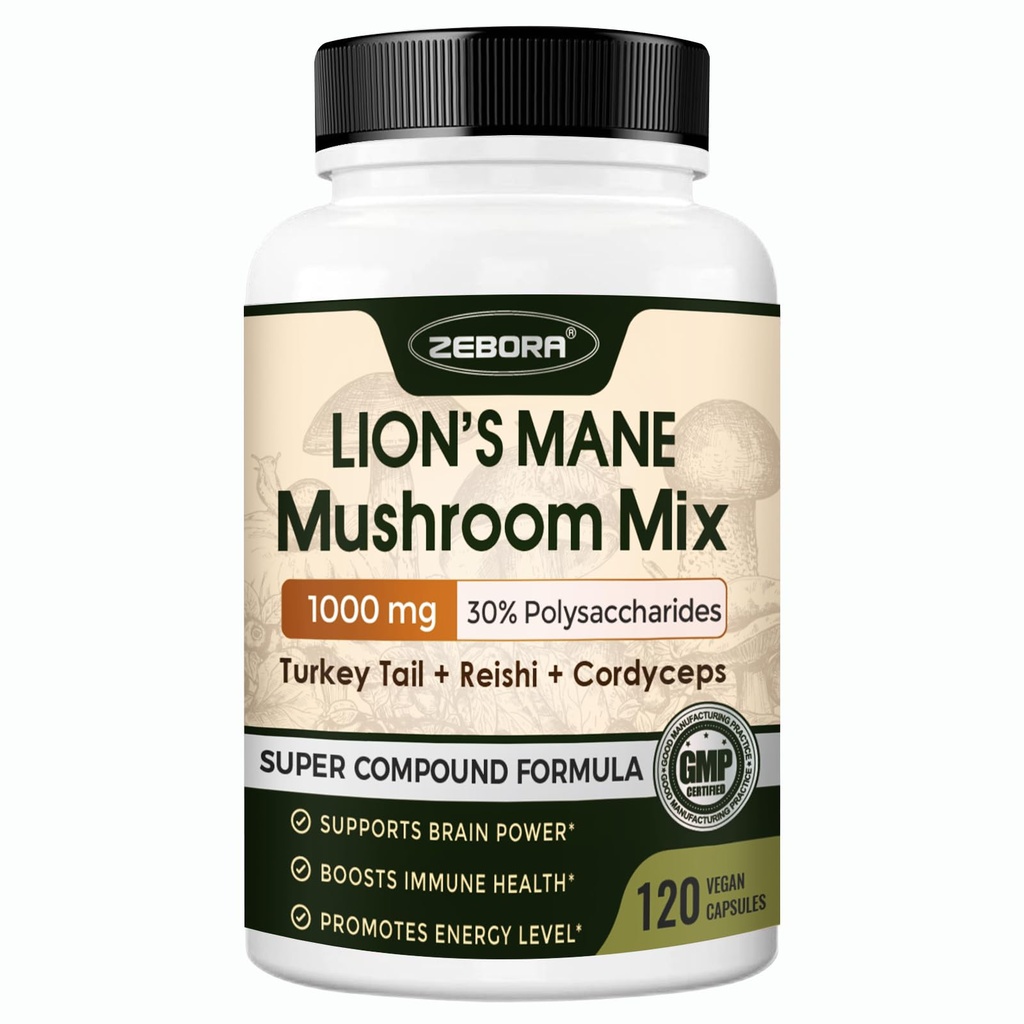 ZEBORA Lions Mane Supplement Capsules - Mushroom Supplement with Lions Mane, Cordyceps, Reishi, Turquía Tail, Shiitake - Lion's Mane Mushroom for Memory, Focus &amp; Immune Support - 119 Vegan Capsules