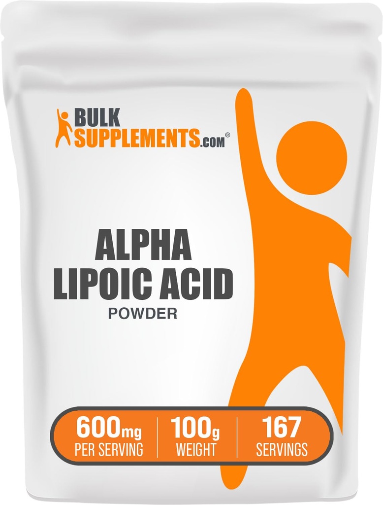 BulkSupplements.com Polvo de ácido lipoico alfa - Suplemento ALA, Suplemento antioxidante - Gluten Free, 600mg por ser, 100g (3.5 oz) (Pack of 1)