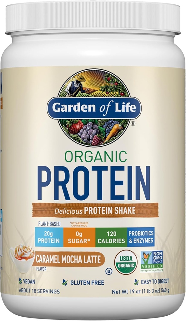 Jardín de la vida Pólvora de proteína vegana - Caramel Mocha Latte - 20g Proteína vegetal, BCAAs, Probióticos & Enzimas digestivas - Gluten-Free, No GMO