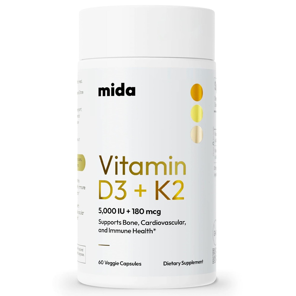 Mida Health® D3 K2 Vitamina 5000 UI con MK-7 ← Suplemento Natural para el Hueso, el Corazón y el Apoyo Inmunitario.