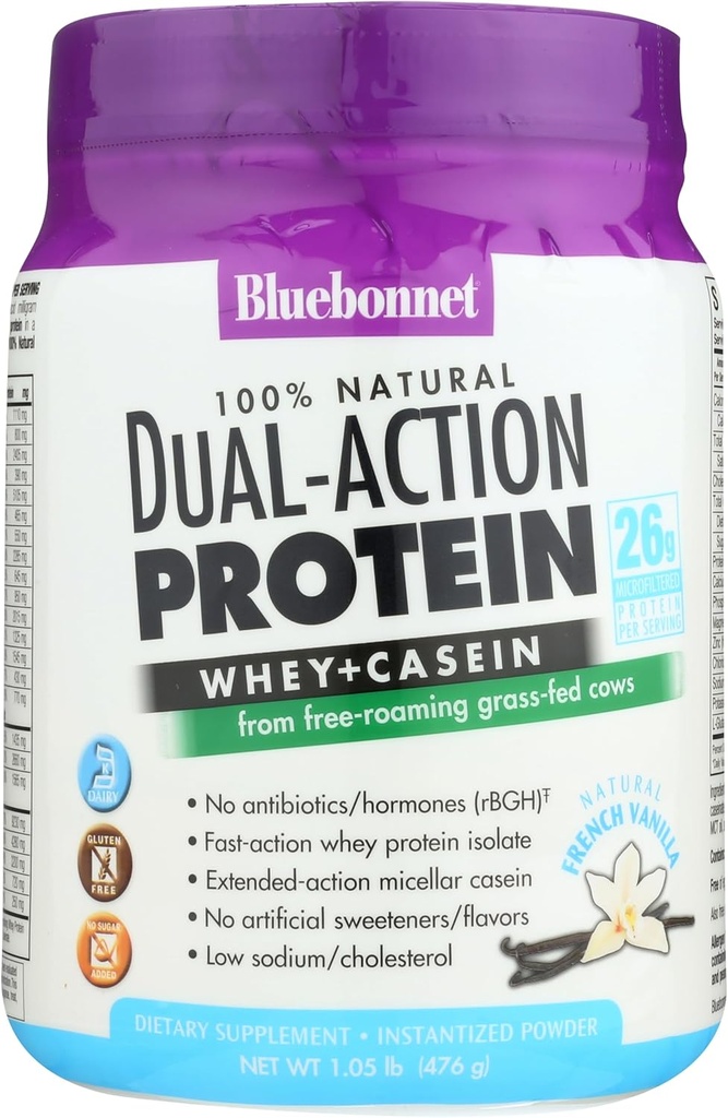 Bluebonnet Nutrición Proteína de doble acción, Whey de vacas de grano, sin azúcar añadido, no GMO, Gluten &amp; Soy Gratis, Kosher Dairy, sabor de vainilla francés, blanco, 16.8 Oz