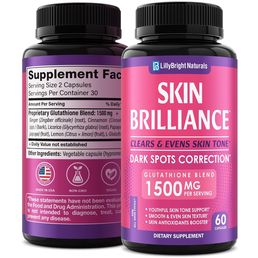 Glutathione Capsules - 1.500mcg L-Glutathione Suplemento con vitamina C - Skin Tone Enhancer - Metas Dark Spots &amp; Acne Marks - Potent Antioxidant - 60 Skin Pills