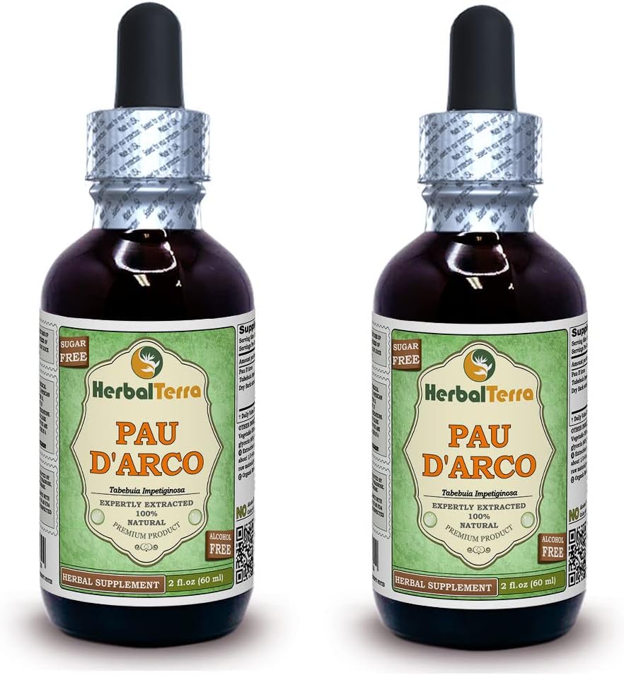 PAU d'arco (Tabebuia Impetiginosa) Glycerite, Barco seco Extracto líquido libre de alcohol (Marca: HerbalTerra, Proudly Made in USA) 2x2 fl.oz (2x60 ml)