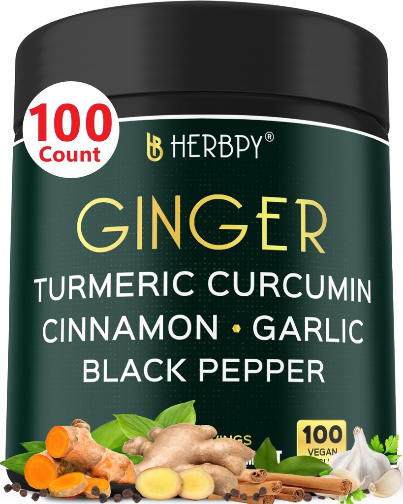 5in1 Ginger and Turmeric Supplements with Ceylon Cinnamon, Ajo - Digestion, Immune, Brain & Heart Health Support - 100 Vegan Capsules