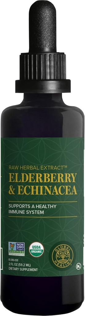 Global Healing Center USDA Organic Elderberry & Echinacea Liquid Supplement Tincture ¦ Antioxidant Immune Support Against Harmful Organisms for Adults and Kids, Vegan, Non-GMO, 2-Month Supply (2 Oz)