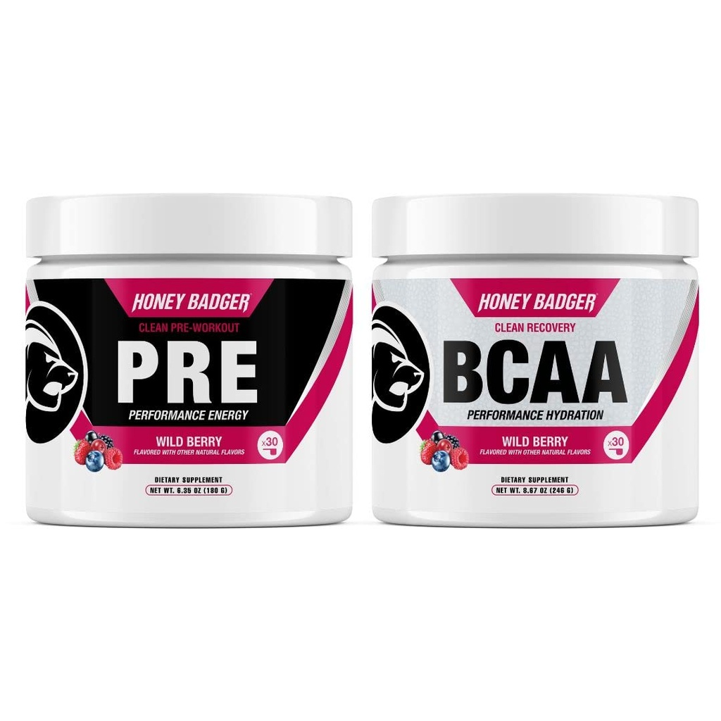 Honey Badger Pre Workout Powder &amp; BCAA Amino Amino Amino Amino Acids Powder Bundle ← Beta Alanine, Caffeine &amp; Vitamina C + Electrolytes ← Vegan Keto Sugar Gratis &amp; Paleo para Hombres &amp; Mujeres ← 30 Servings (Wild Berry)