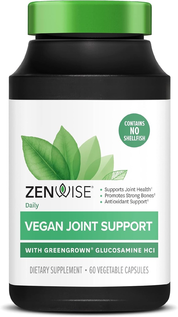 Zenwise Health Certified Vegan Joint Support Supplement - Glucosamine HCl, Turmeric, and Boswellia Extract - Supports Bone Health + Joints-Magnesium & Vitamin D (D3 as Cholecalciferol) - 60 cápsulas