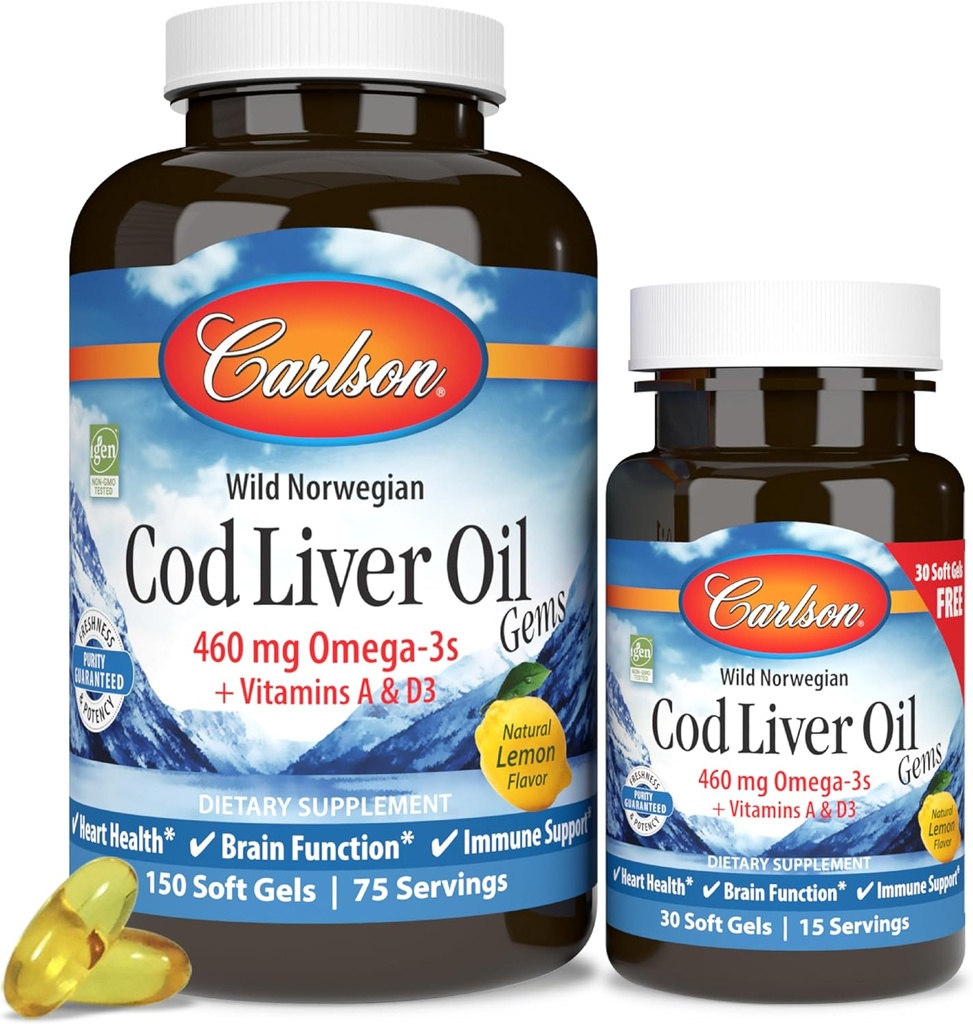 Carlson - Cod Liver Oil Gems, 460 mg Omega-3 + Vitaminas A &amp; D3, Wild-Caught Norwegian Arctic Cod Liver Oil, Sustentablemente Fuented Nordic Fish Oil Capsules, Lemon, 180 Softgels